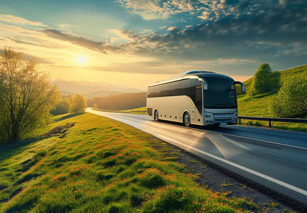 Charterbus driving through a landscape