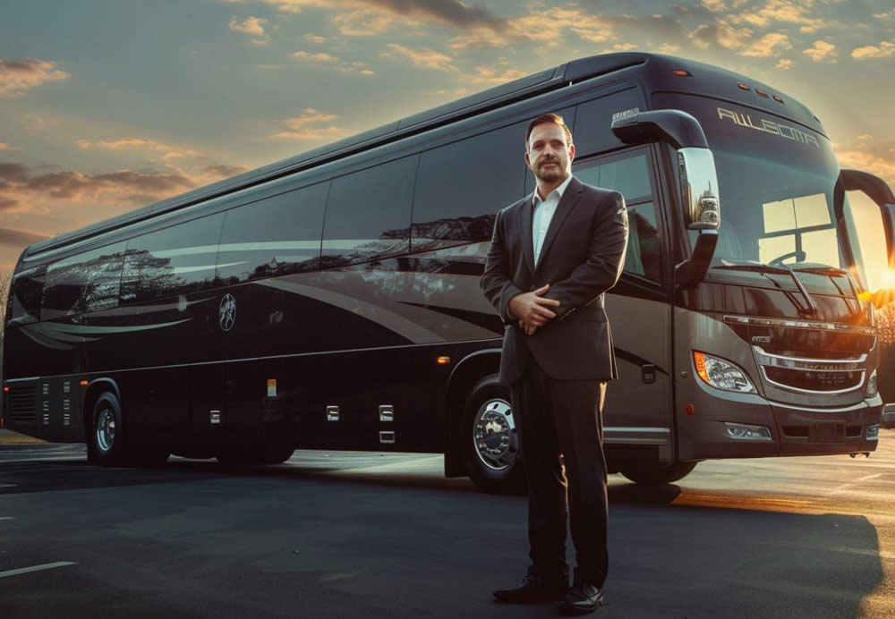 Driver standing in front of a charter bus