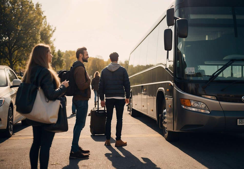 A group of people stands outside a charter bus, loading luggage into the storage compartments as the driver stands nearby, ready to depart on a trip