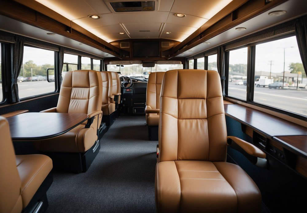 A charter bus with reclining seats, overhead storage, and onboard restroom. WiFi, power outlets, and climate control provide comfort for passengers