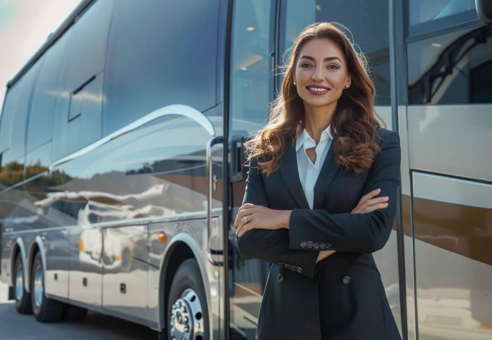 Female Driver standing in front of a charter bus