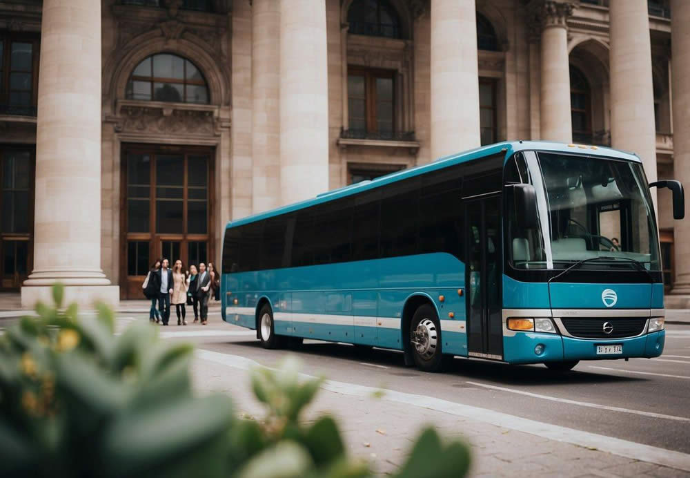 A charter bus parked in front of a grand building with a group of people boarding