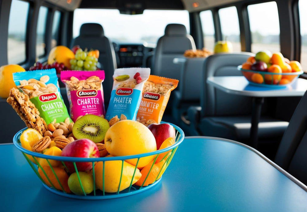 A variety of fruits, nuts, and granola bars neatly arranged in a colorful snack basket on a charter bus table