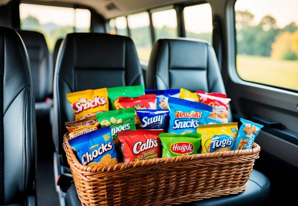 A variety of snacks arranged neatly in a basket on a charter bus seat