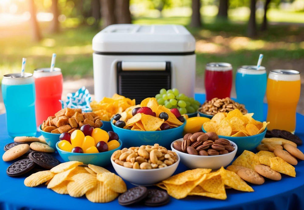 A colorful assortment of snacks arranged on a table, including chips, fruit, nuts, and cookies, with a cooler and drinks in the background for a charter bus trip