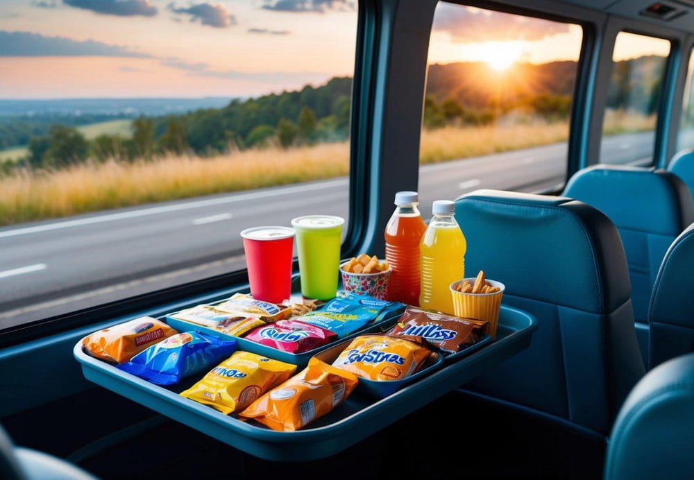 A variety of snacks and drinks arranged neatly on a tray table in a charter bus, with a scenic view of the road through the window