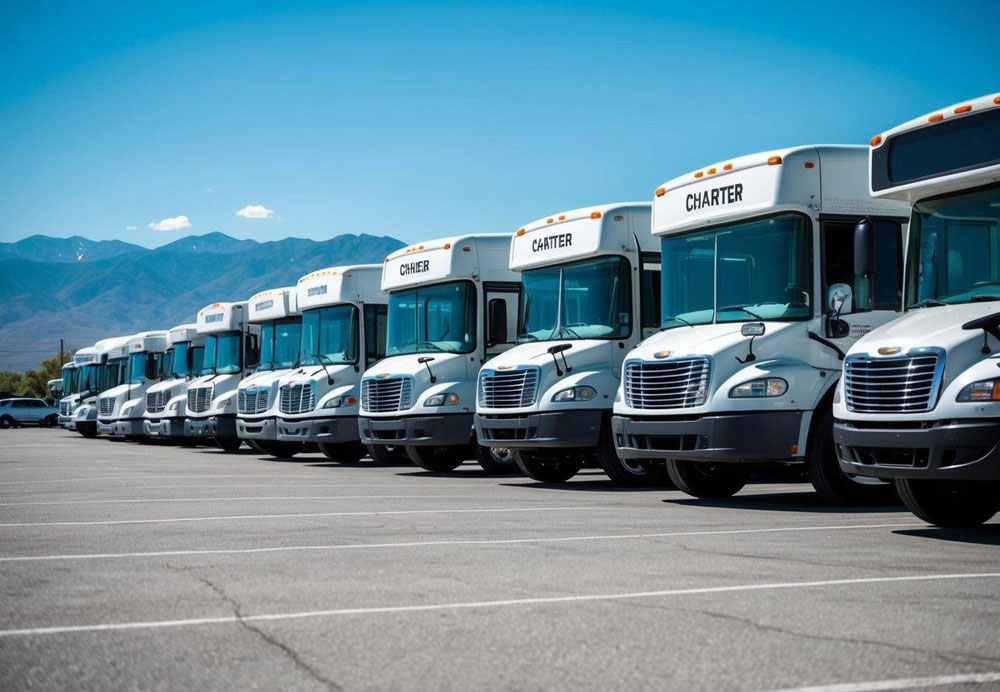 A row of various charter buses lined up in a parking lot, with mountains in the background and a clear blue sky above