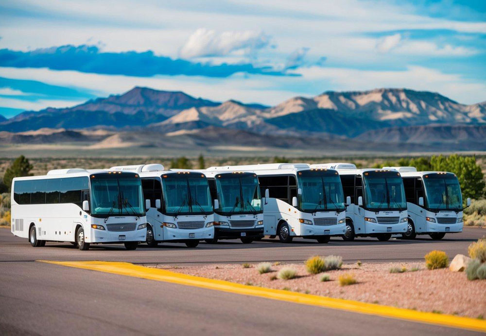 A lineup of charter buses parked in front of a scenic Utah landscape, with mountains and blue skies in the background