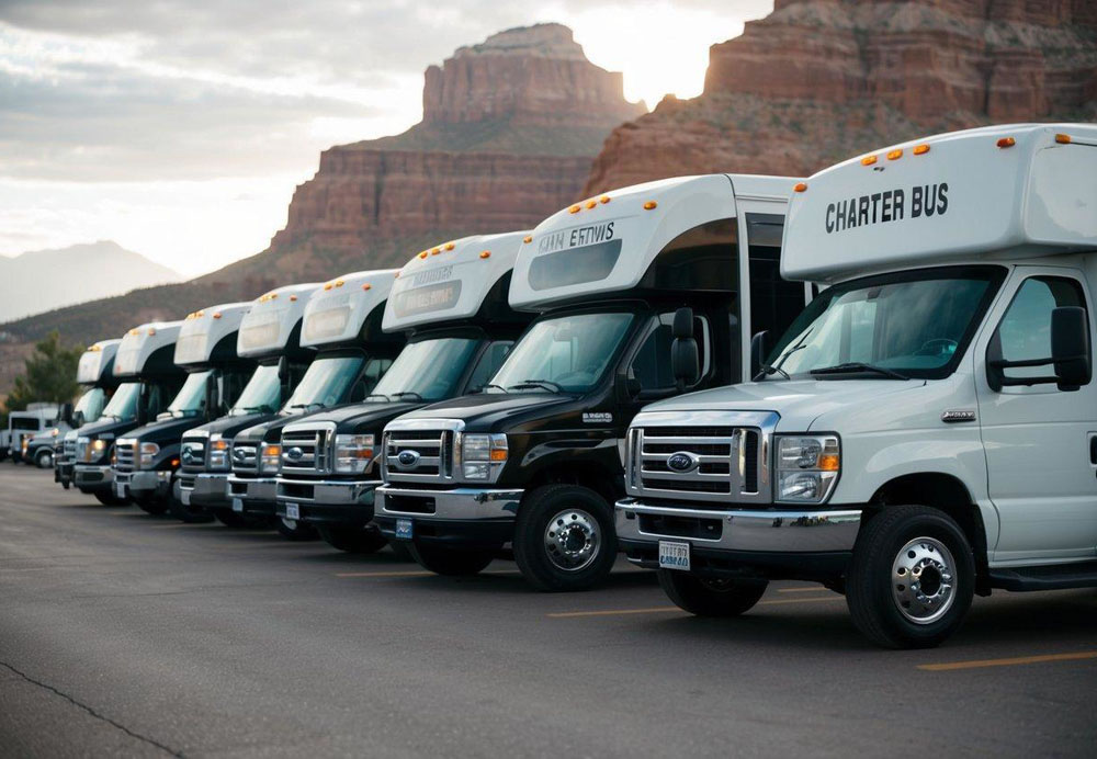 A line of charter buses parked in front of Utah's top destinations and events