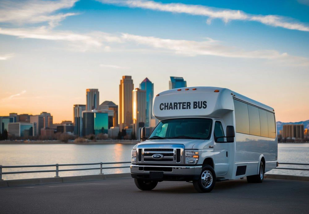 A charter bus parked in front of a scenic Salt Lake City backdrop