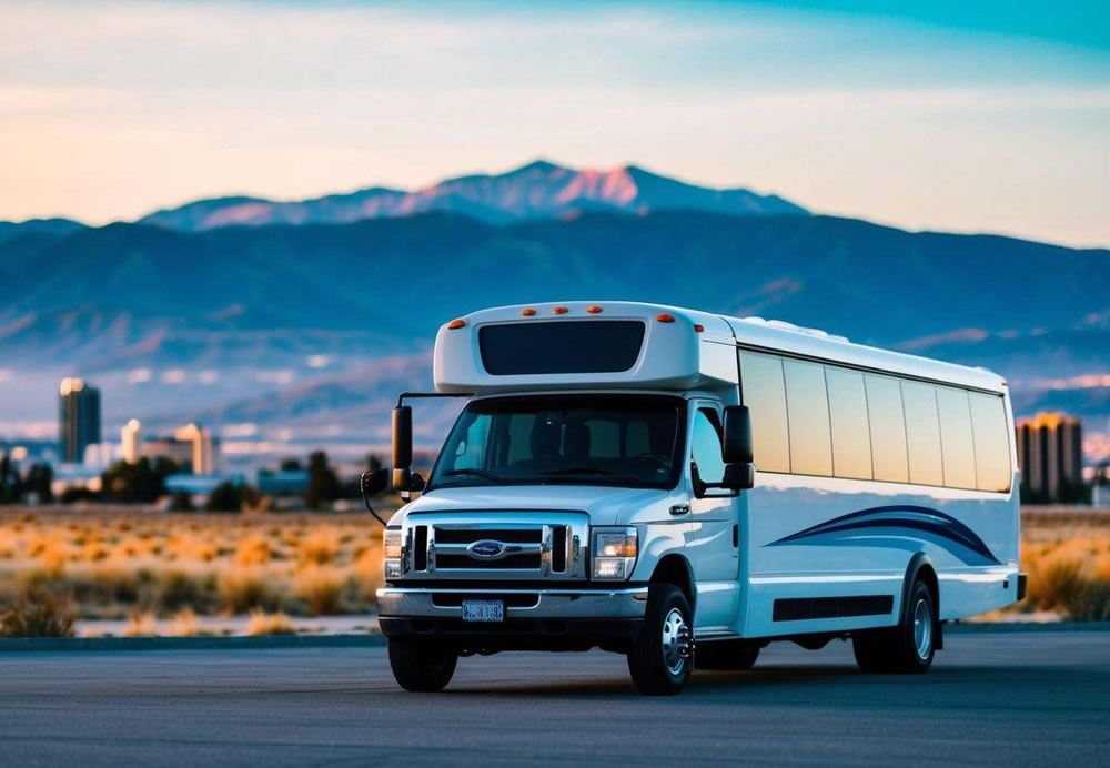 A charter bus parked in front of a scenic Salt Lake City backdrop, with mountains in the distance and a clear blue sky above