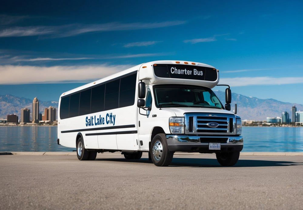 A charter bus parked in front of the Salt Lake City skyline, with mountains in the background and a clear blue sky above