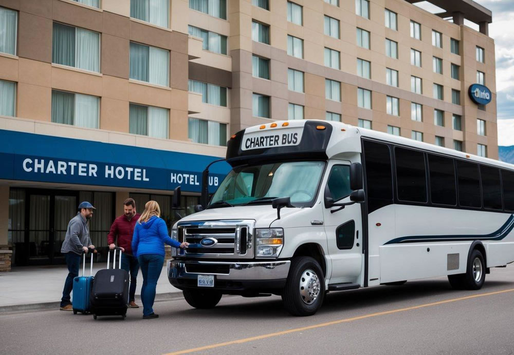 A charter bus parked in front of a hotel in Salt Lake City, Utah, with luggage being loaded onto the bus by a group of people