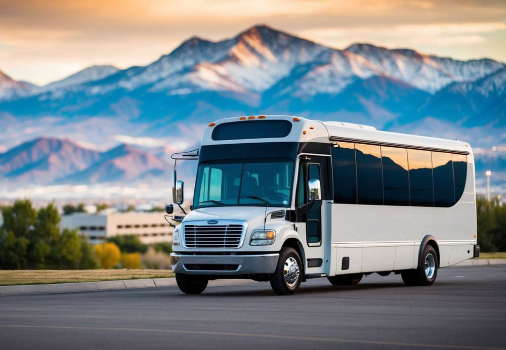 A charter bus parked in front of a scenic mountain backdrop in Salt Lake City, Utah